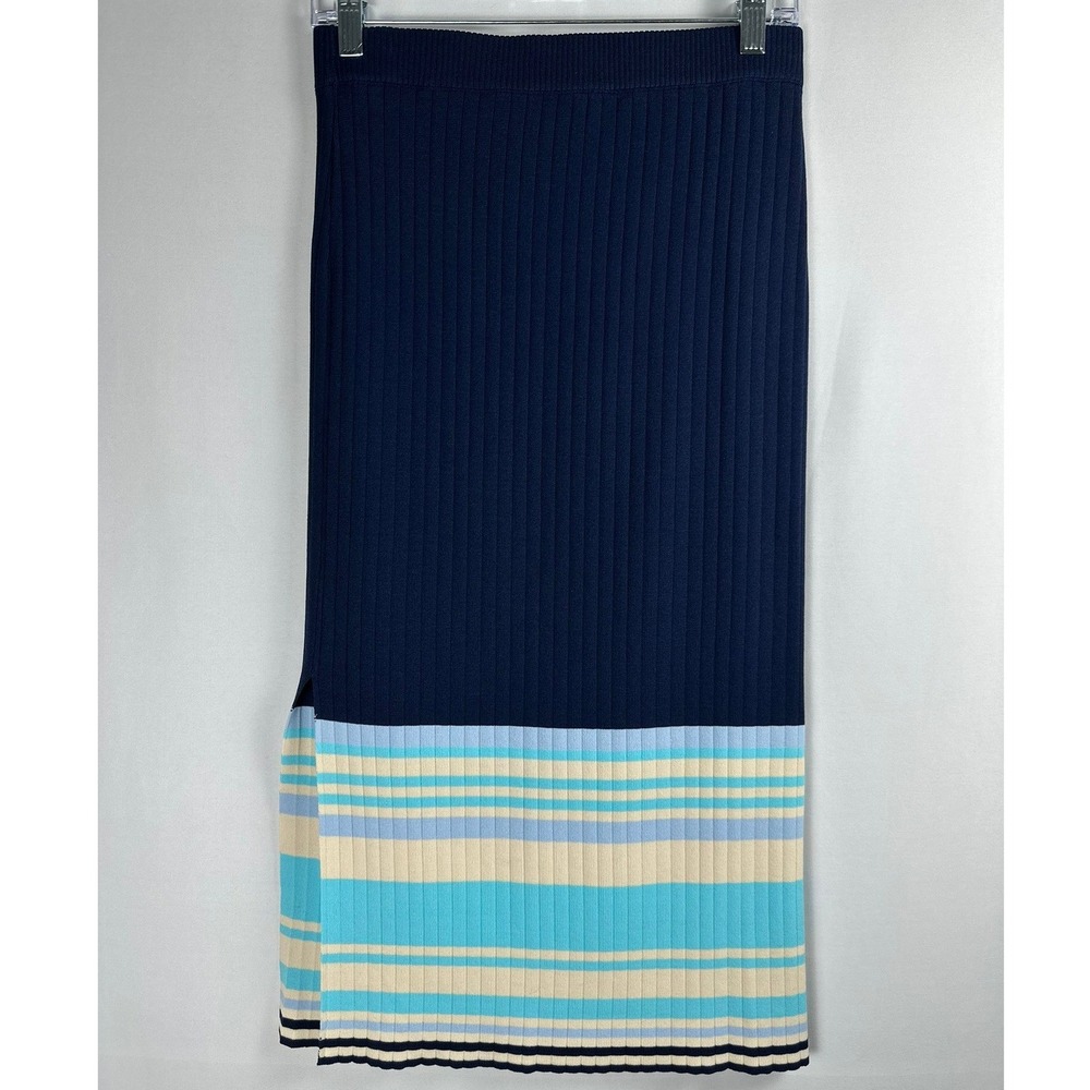 Knit Midi Skirt Size S/M Navy Blue Striped Ribbed Side Slit Coastal Preppy